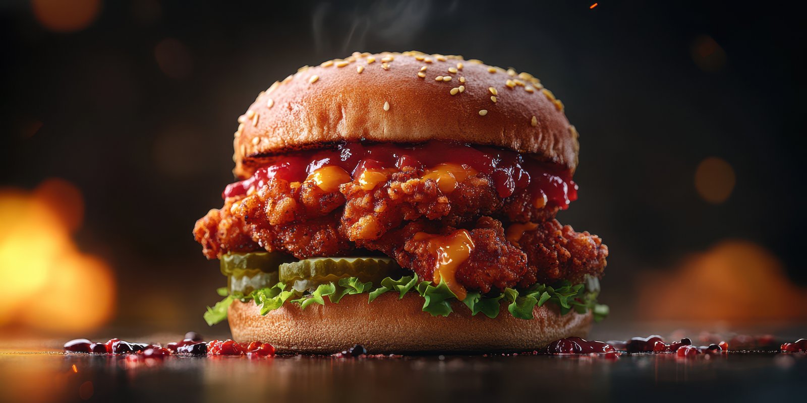Savory fried chicken sandwich with fresh ingredients in a warm setting